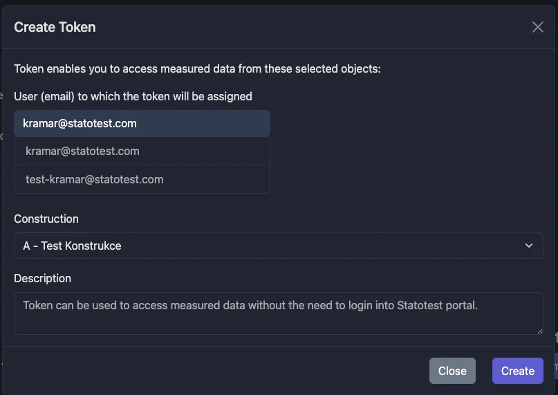 Screenshot: Create token modal