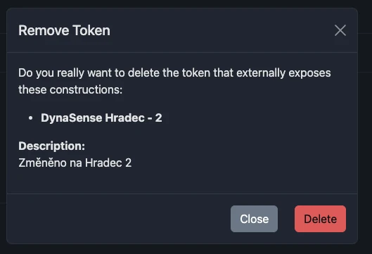 Screenshot: Delete token modal