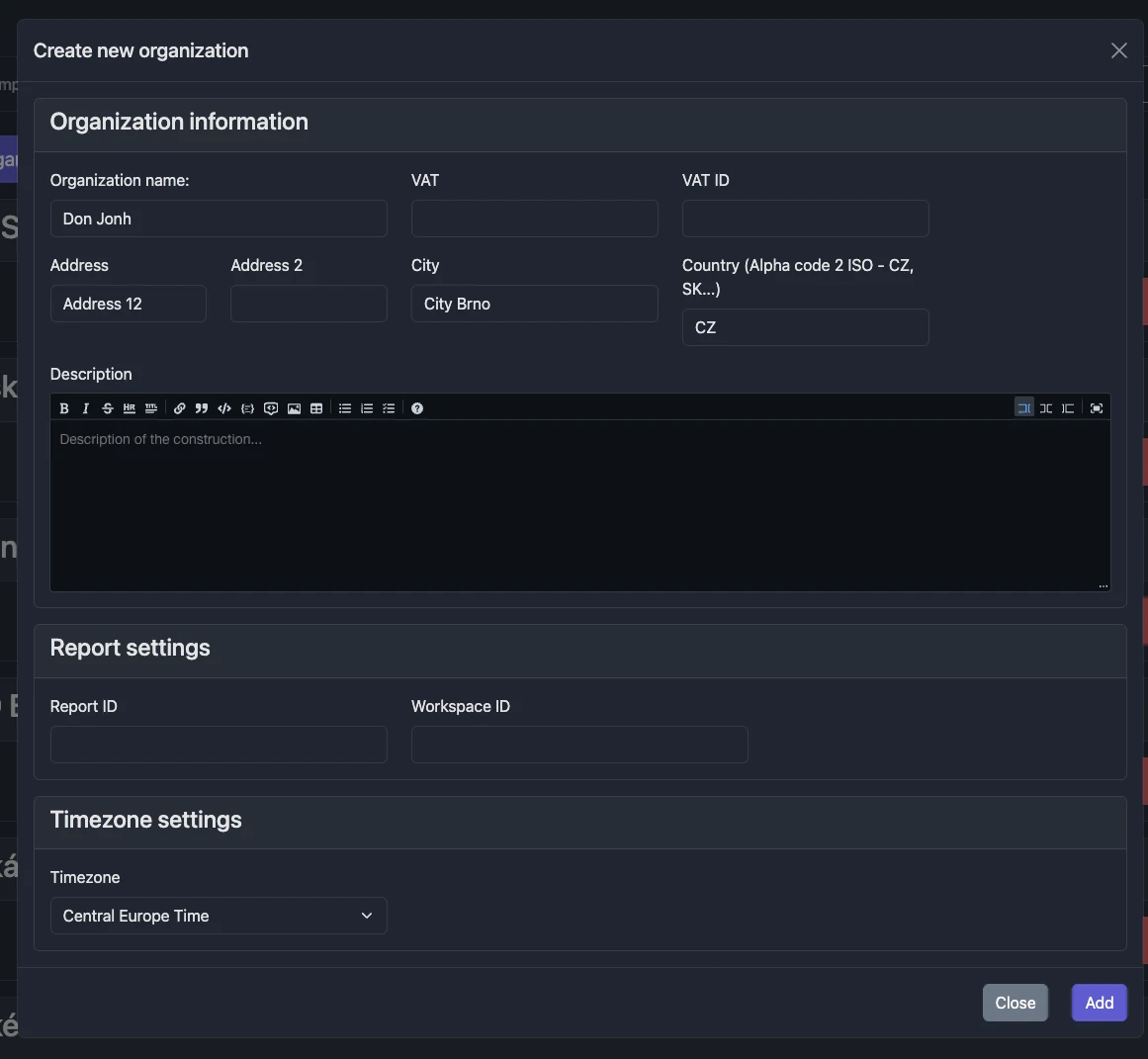 Screenshot: Modal for creating a new Organization