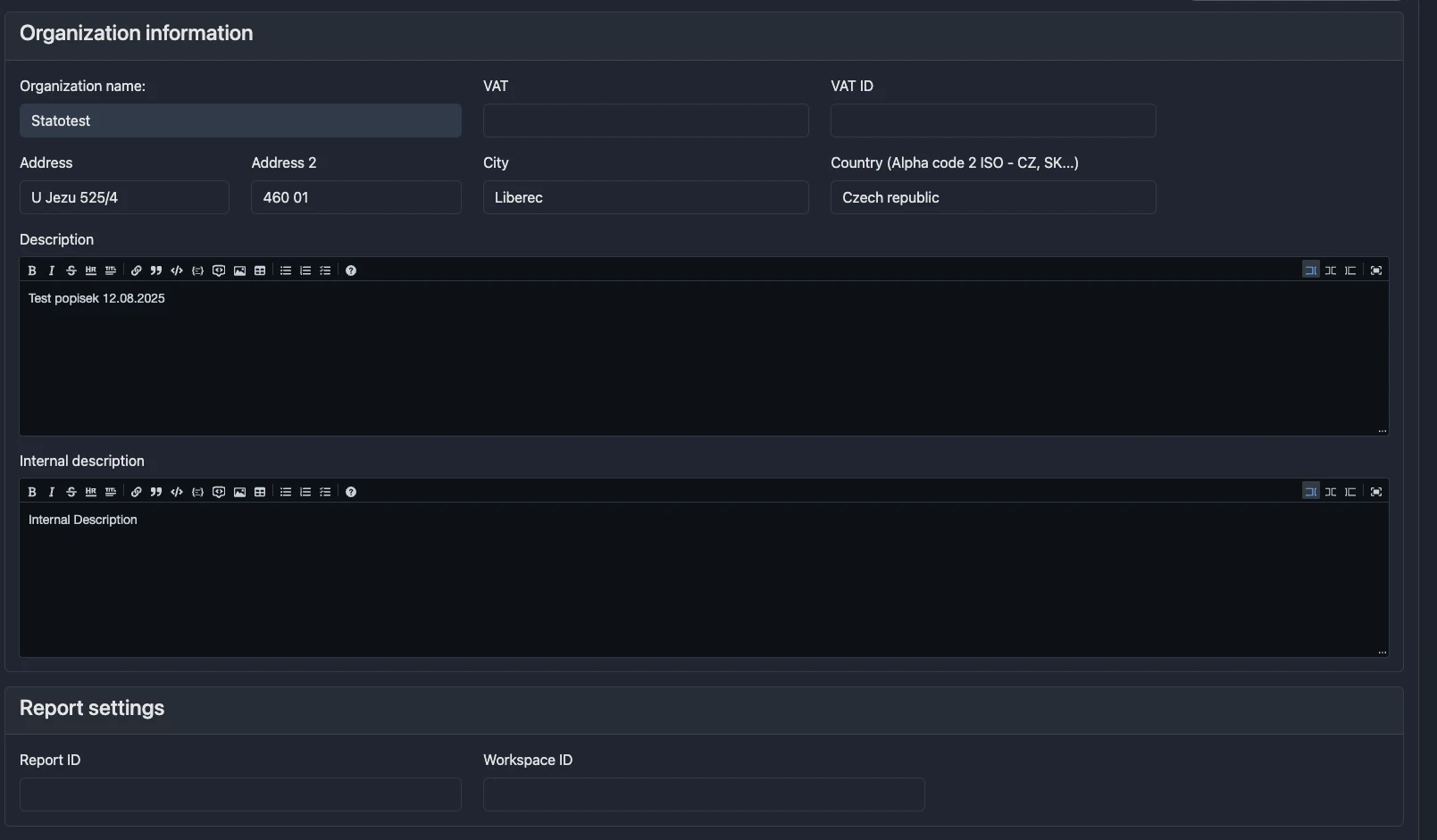 Screenshot: Expanded Organization card with editable form fields and Save button