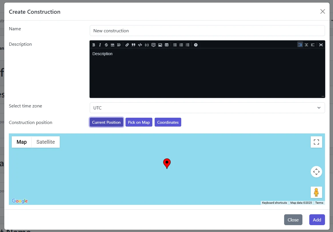 Screenshot: Create Construction modal with fields
