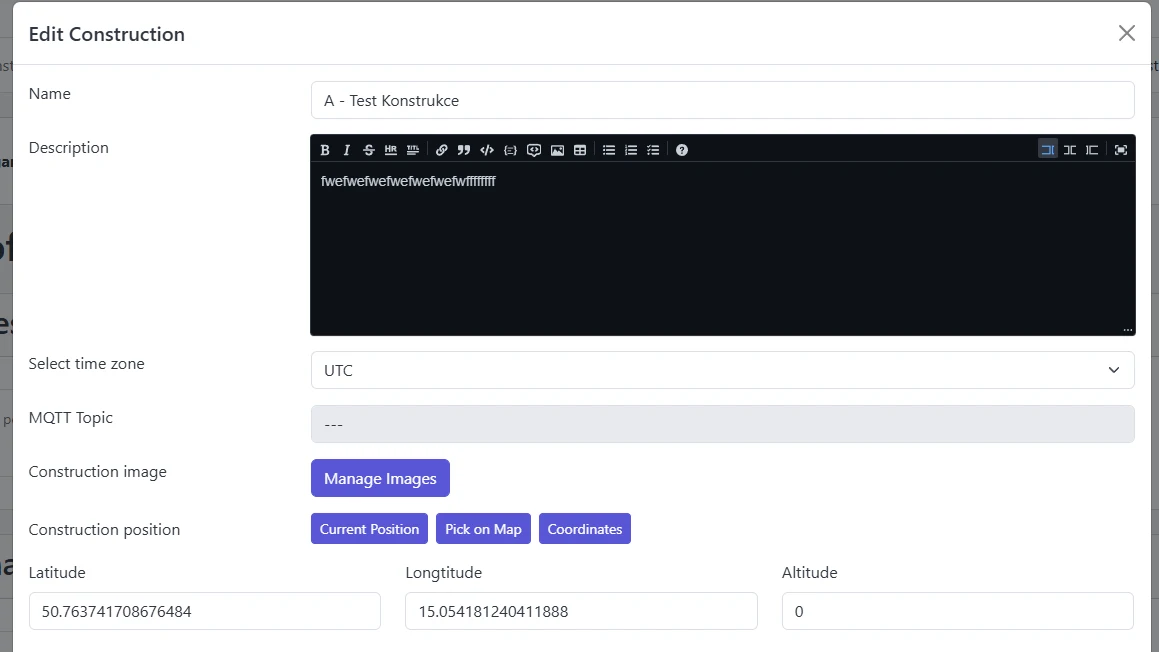 Screenshot: Edit Construction modal with fields and Manage images button