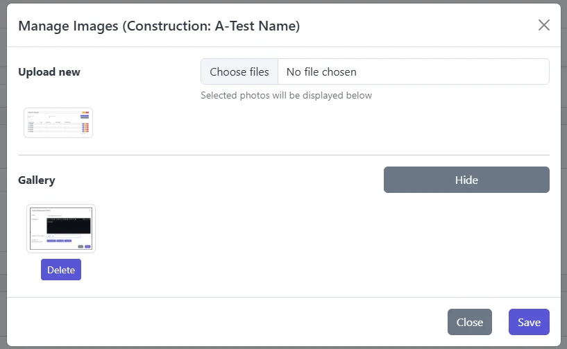 Screenshot: Images management dialog with file chooser, pending list, and gallery grid