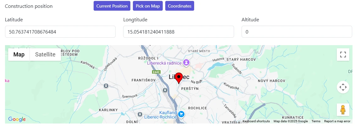 Screenshot: Location section with buttons for current position, map, and manual coordinates