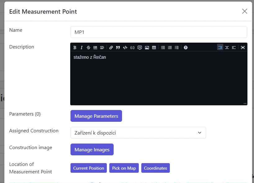 Screenshot: Edit Measurement Point modal with location, construction selector, parameters button, and images button
