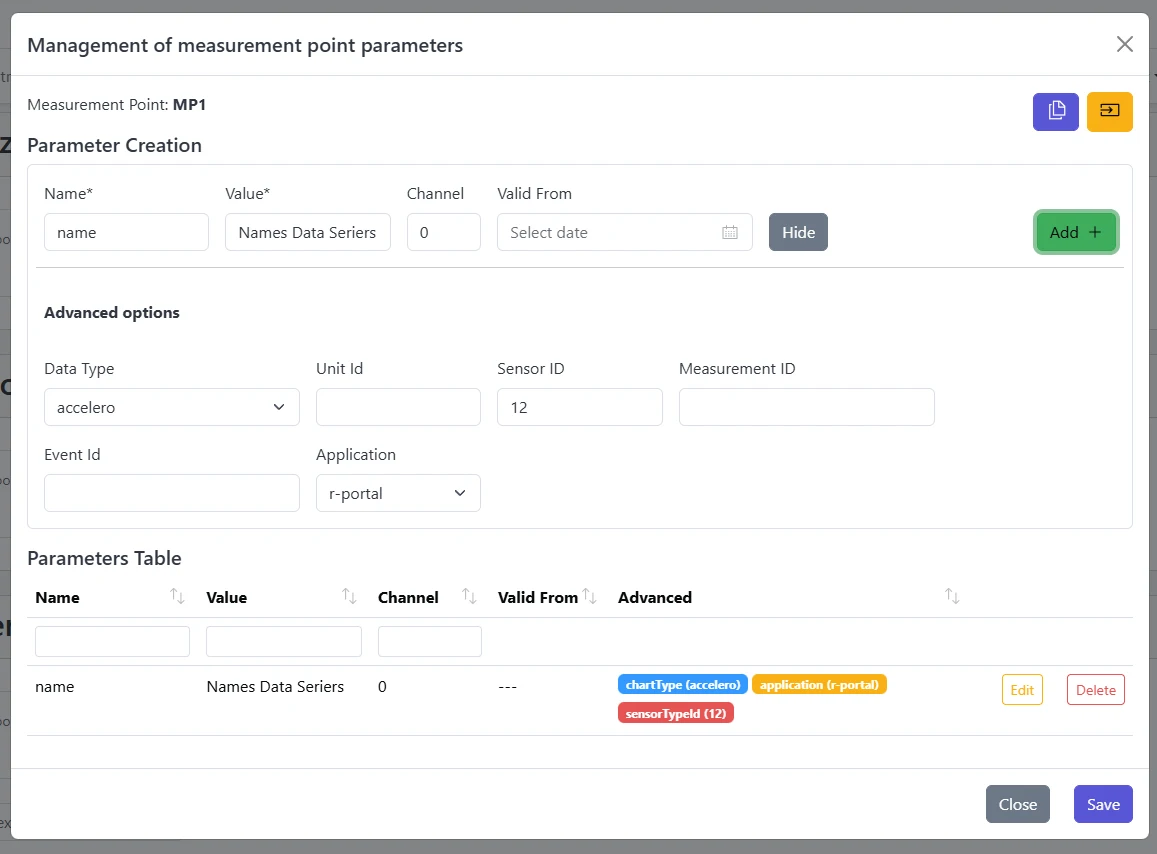 Screenshot: Parameters management modal showing form on top and table below