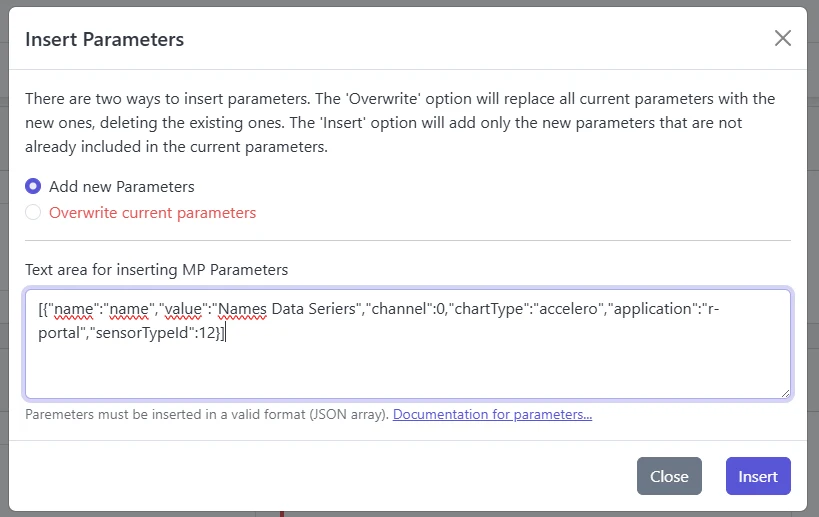 Screenshot: Insert parameters dialog with JSON textarea and Add/Overwrite options