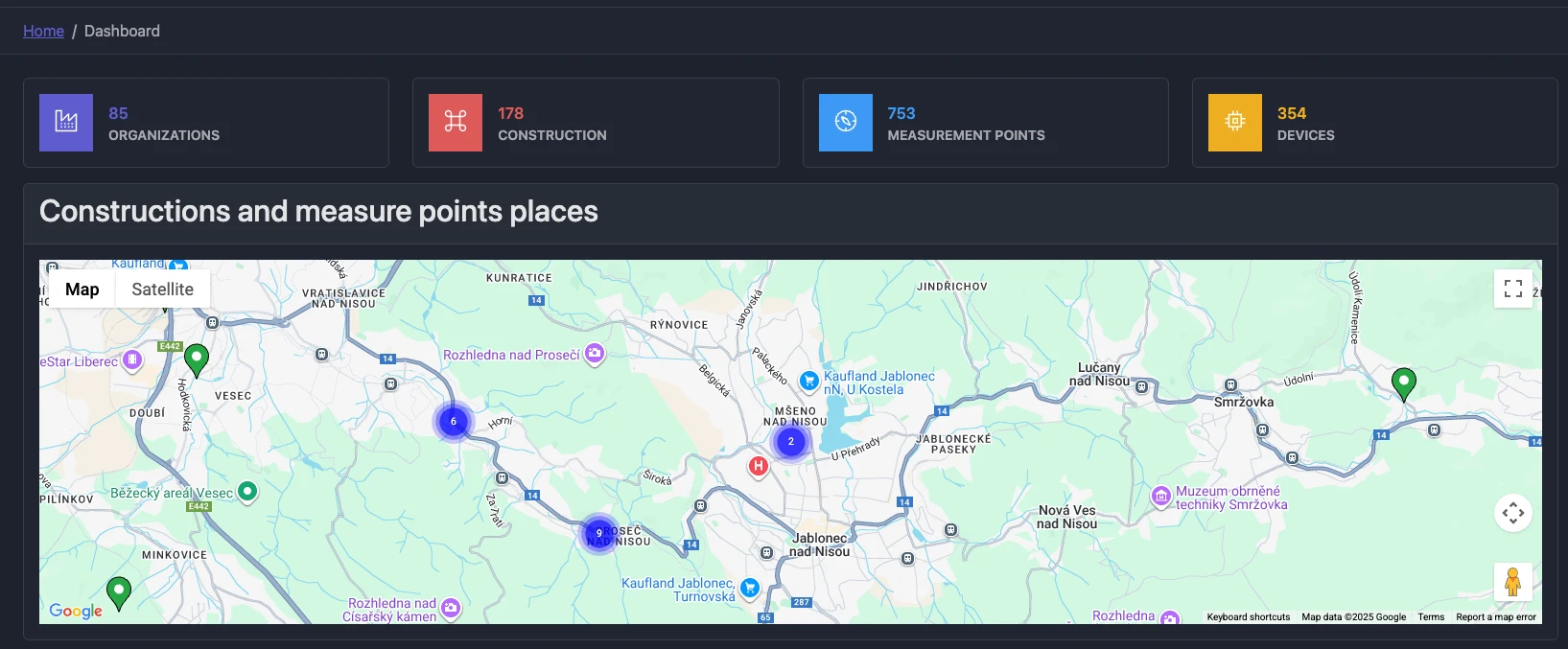 Screenshot: Dashboard layout showing Summary widgets, Map card, and Company cards