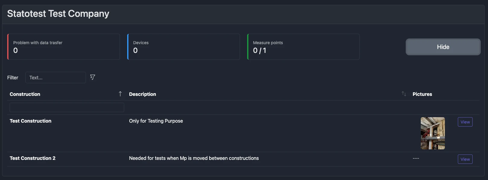 Screenshot: Constructions table with columns and the View button highlighted
