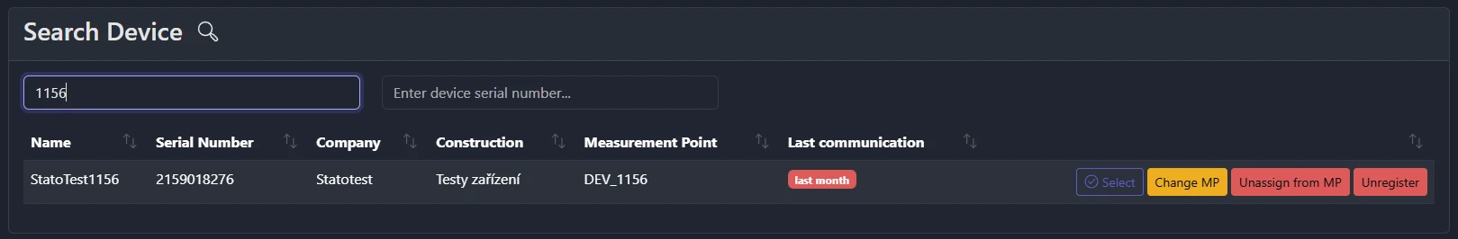 Screenshot: Find Device table showing columns Name, Serial Number, Organization, Construction, Measurement Point, Last Comm, and action buttons