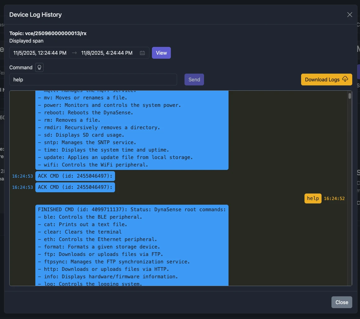 Screenshot: Device History modal with time range and export options