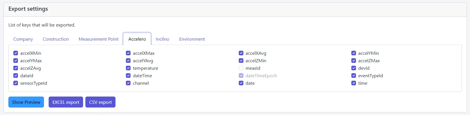 Screenshot: Settings tabs with checkboxes and switches)