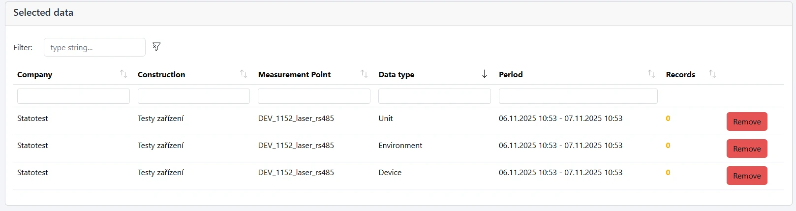 Screenshot: Selected data table with Remove button)