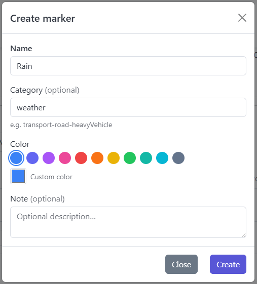 Screenshot: Create marker form with name, category, color palette, and description fields
