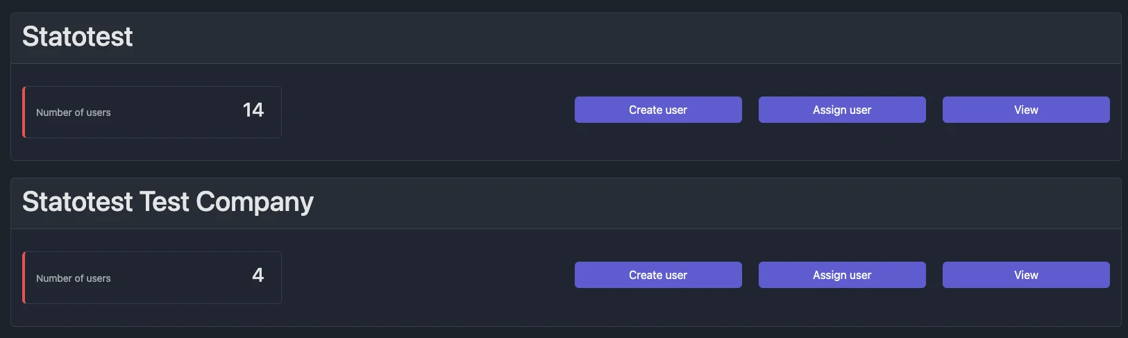 Screenshot: Users page showing Organization cards with user count and action buttons