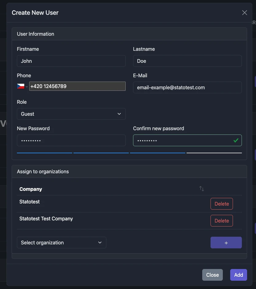 Screenshot: Create New User modal with required fields and assignments table