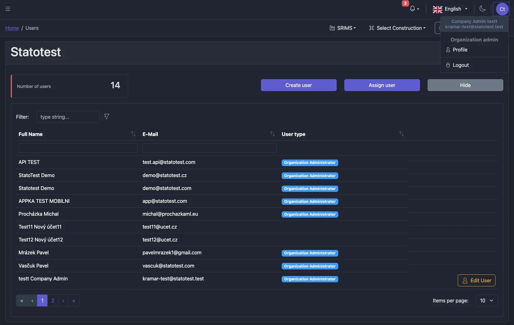 Screenshot: Users table with filter bar, column filters, and pagination highlighted