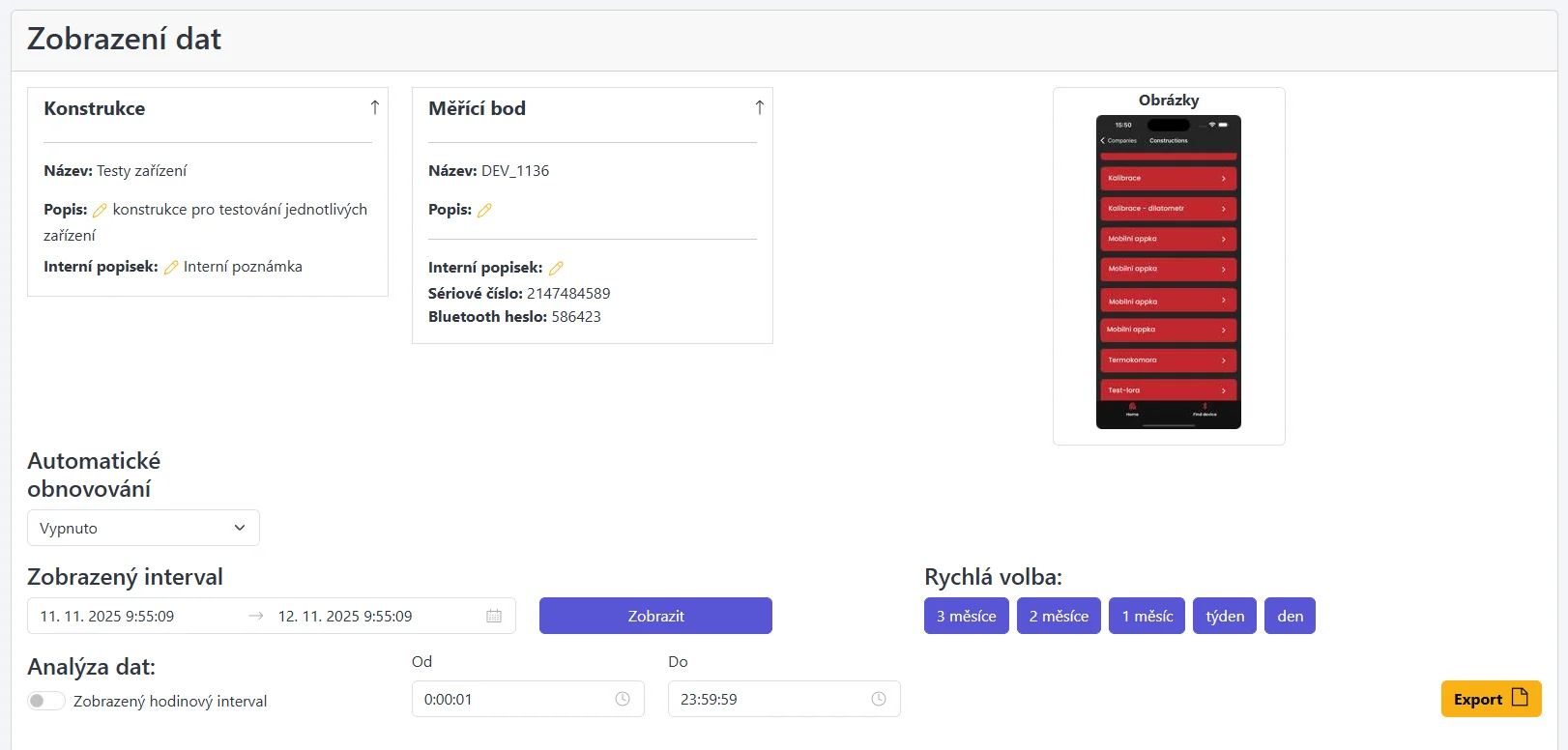 Snímek obrazovky: Rozvržení stránky Grafy s výběrem intervalu, rychlými předvolbami, tlačítkem exportu a záložkami
