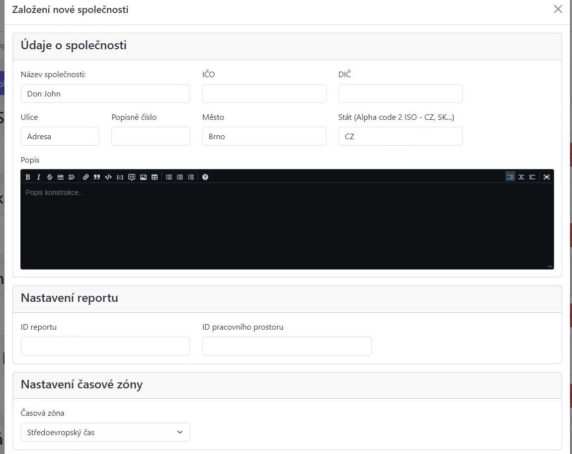 Snímek obrazovky: Dialog pro vytvoření nové Organizace