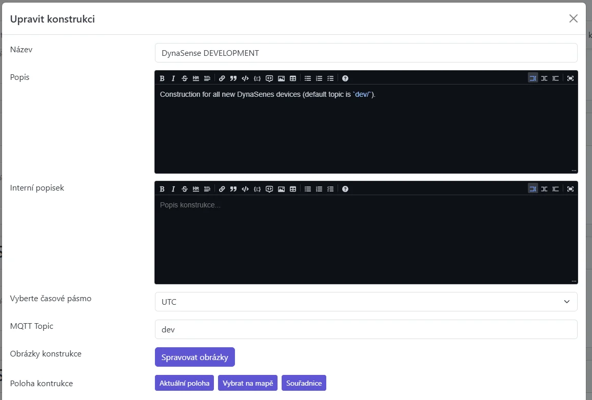 Snímek obrazovky: Dialog úpravy Konstrukce s poli a tlačítkem Spravovat obrázky