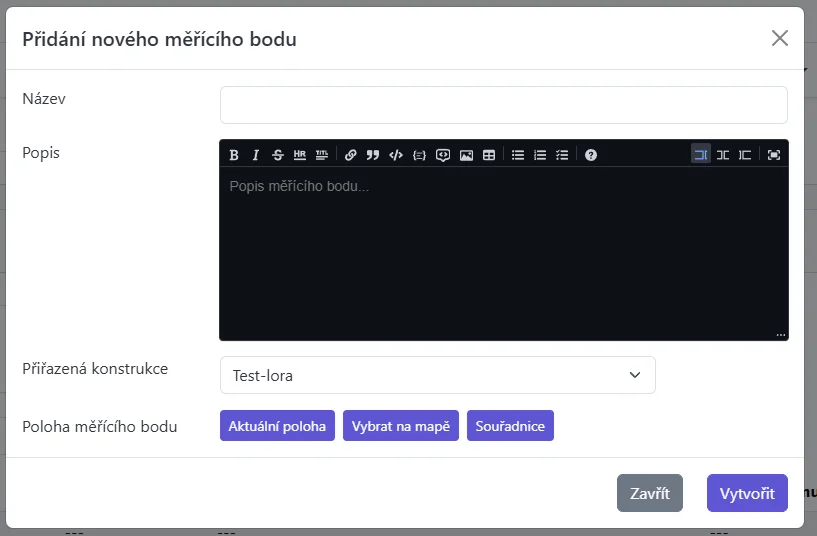 Snímek obrazovky: Dialog vytvoření Měřícího bodu s poli