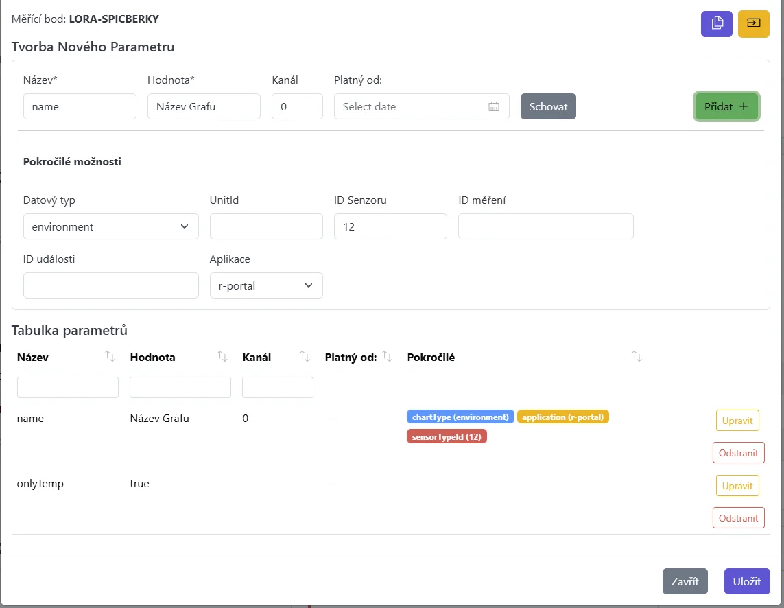 Snímek obrazovky: Dialog správy parametrů s formulářem nahoře a tabulkou dole