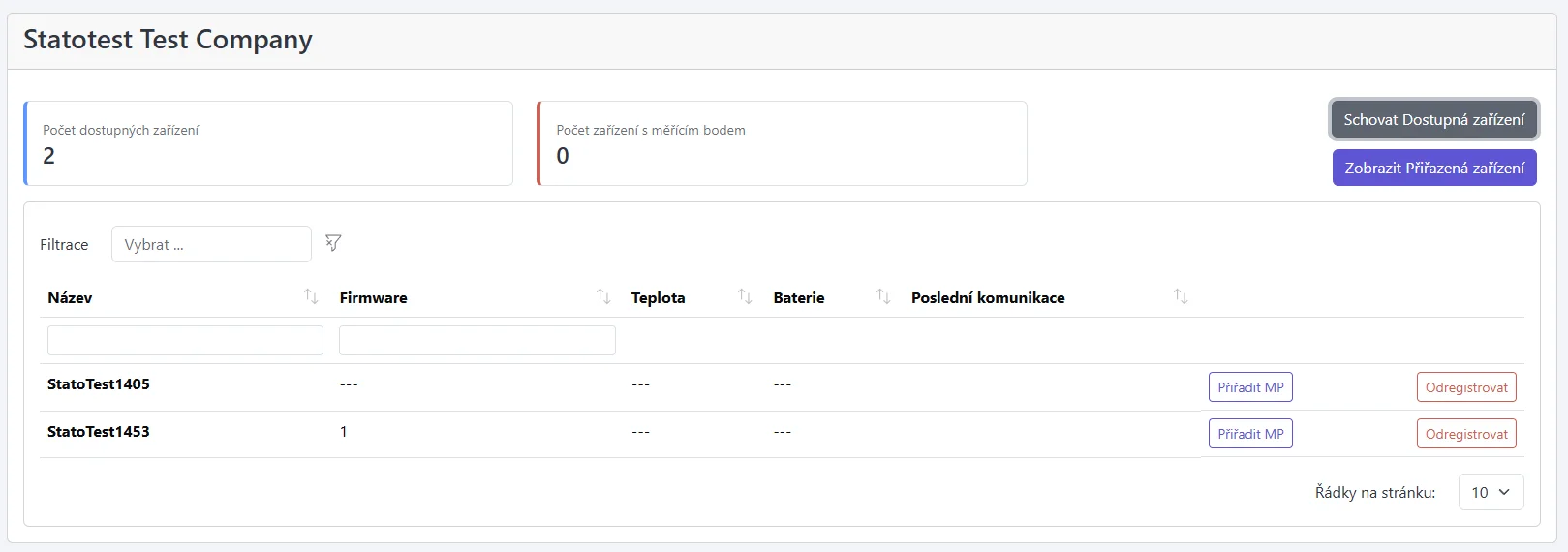 Tabulka Dostupných zařízení