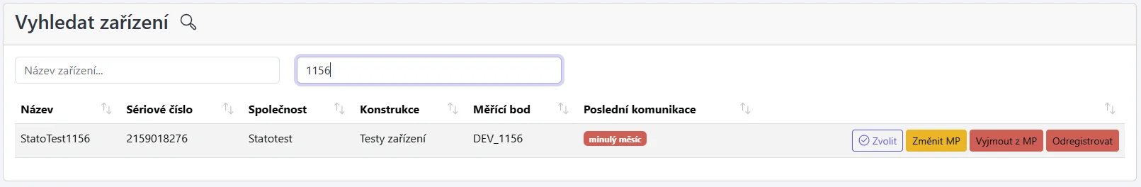 Snímek obrazovky: tabulka Find Device se sloupci Název, Sériové číslo, Organizace, Konstrukce, Měřící bod, Poslední komunikace a akční tlačítka