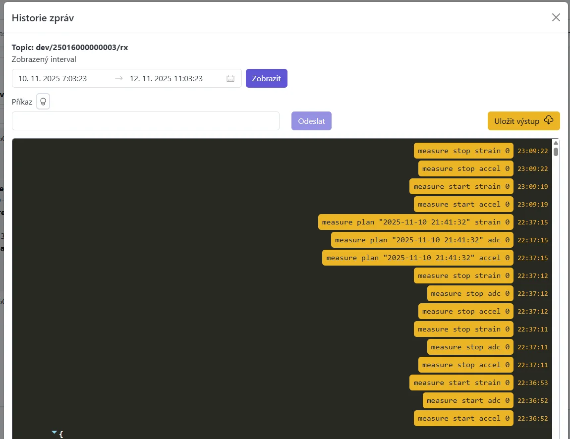 Screenshot: Modal Historie zařízení s časovým rozsahem a volbami exportu