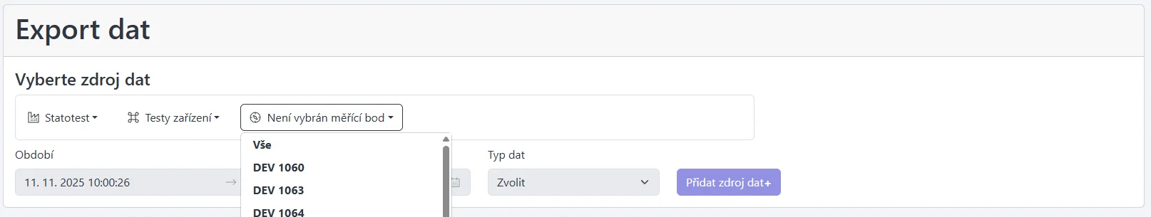 Screenshot: Výběr entit s Organizací, Stavbou a Měřicím bodem (včetně Všechny)