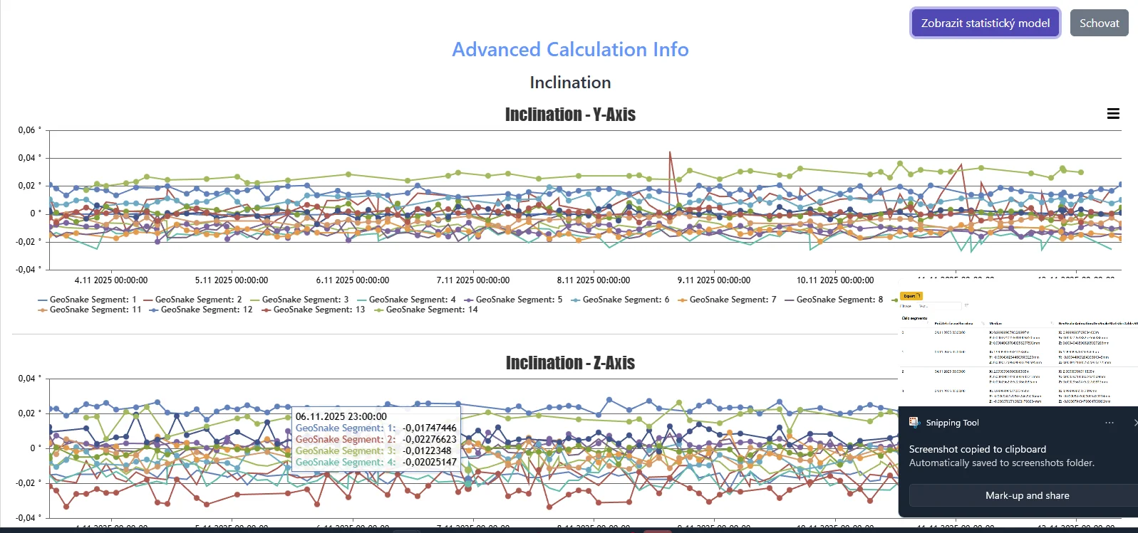 Snímek obrazovky: Pokročilé výpočty s grafy Inclination a Smoothed Inclination
