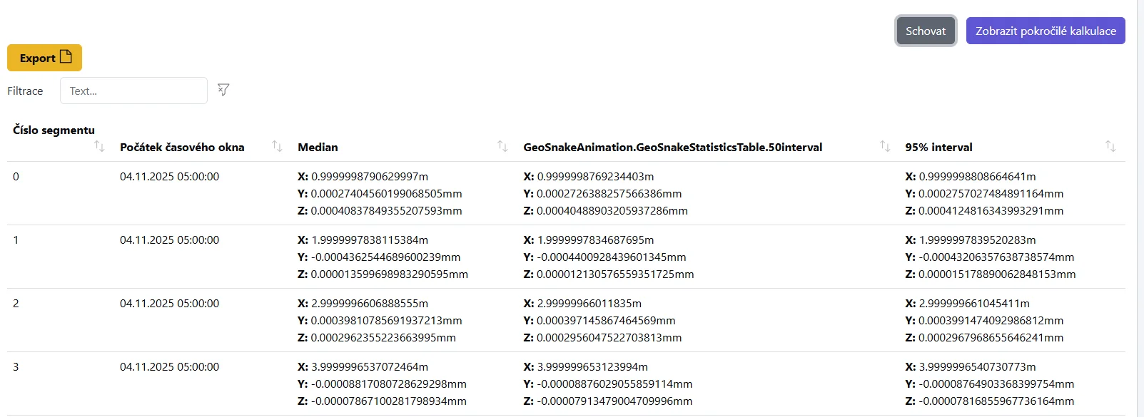 Snímek obrazovky: Tlačítko Stáhnout CSV data na nástrojové liště
