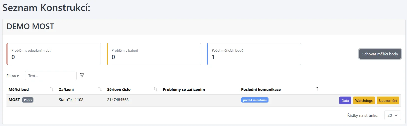 Screenshot: Úvodní stránka Notifikací s kartami Staveb