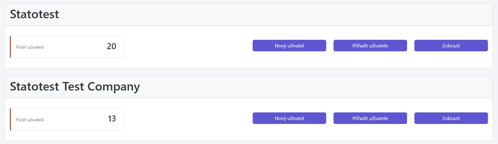 Screenshot: Stránka Uživatelé s kartami Organizací, počtem uživatelů a akčními tlačítky