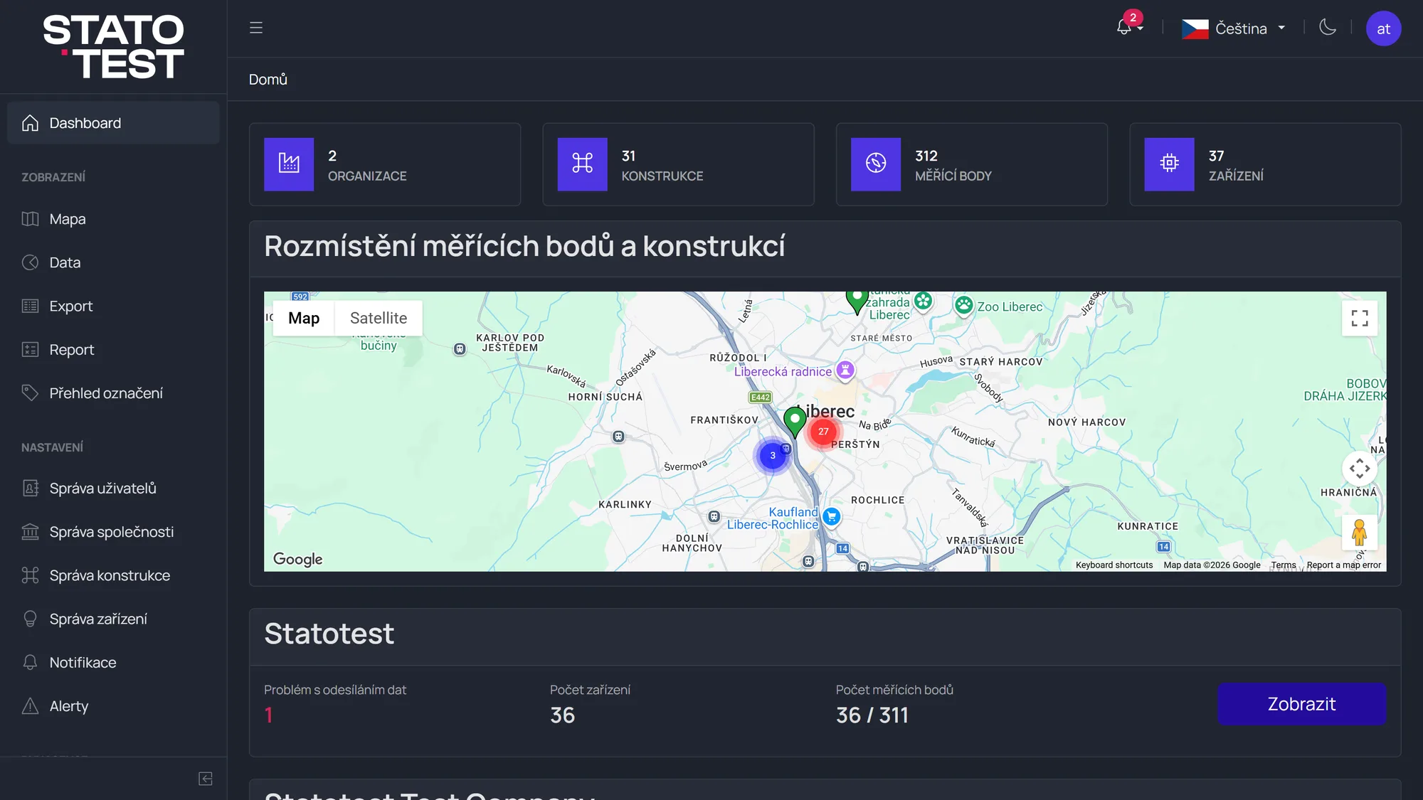Dashboard webového portálu