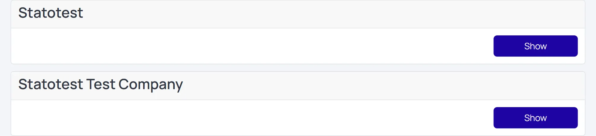 Screenshot: Organizations page showing multiple cards with Show/Hide and Delete buttons