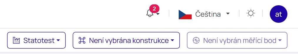 Horní navigace s výběrem Organizace, Konstrukce a Měřicího bodu