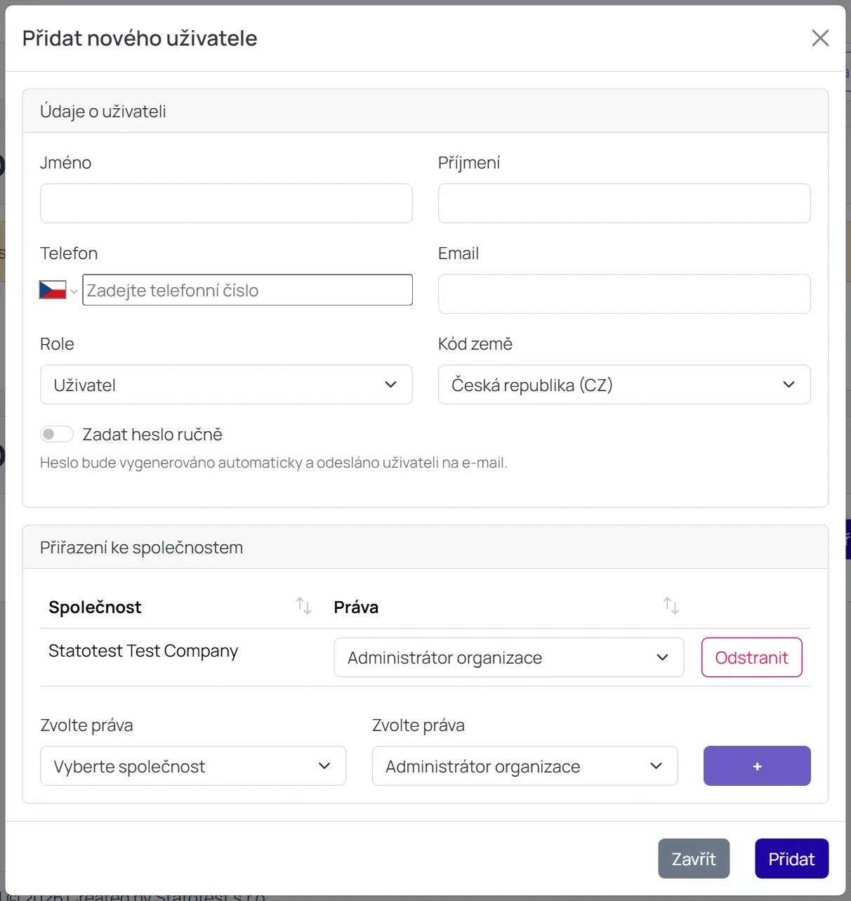 Modal Vytvořit nového uživatele