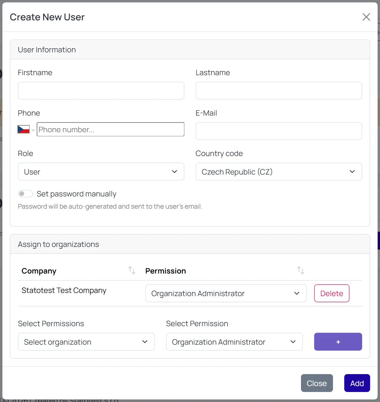 Create New User modal
