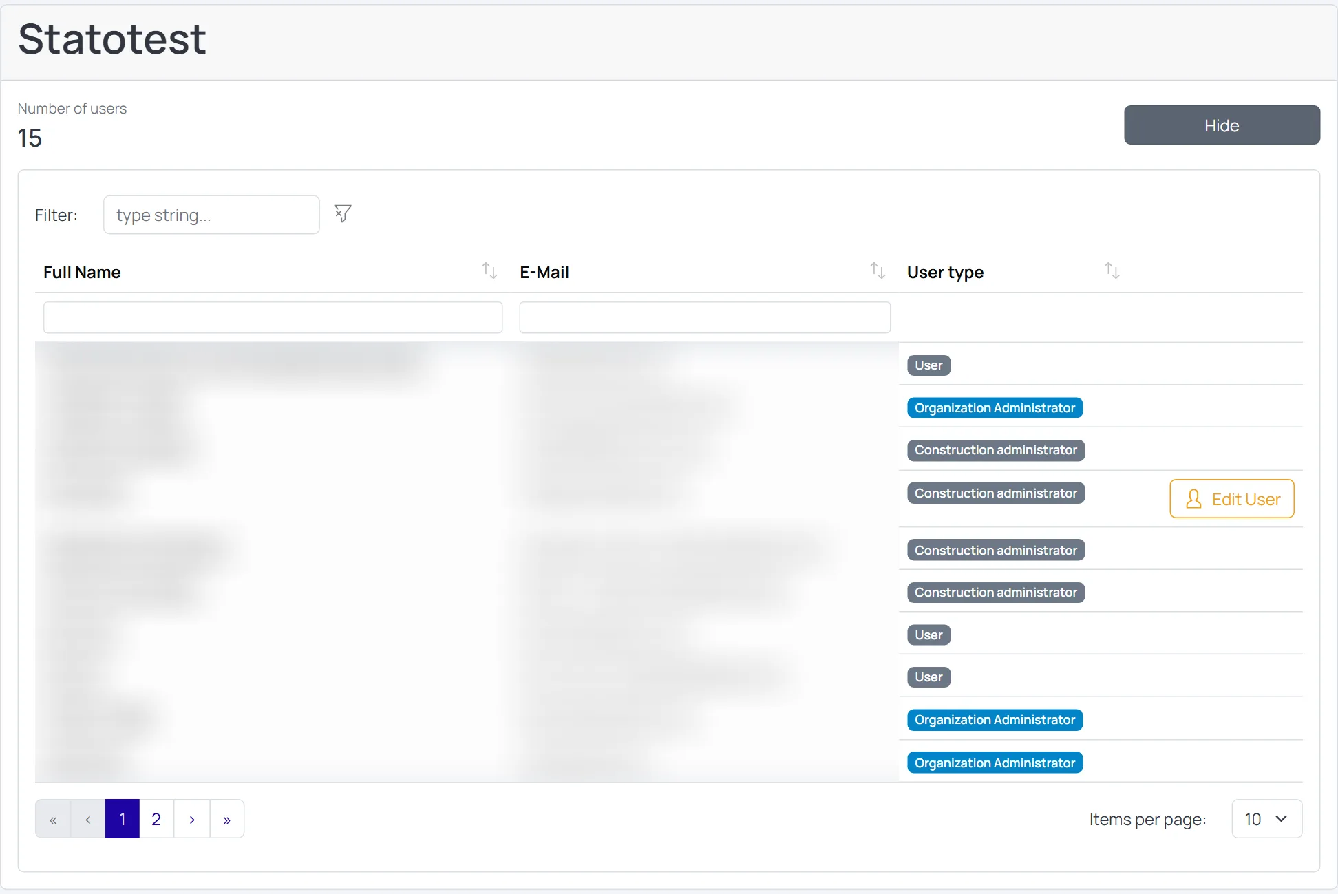 Screenshot: Users table with filter bar, column filters, and pagination highlighted